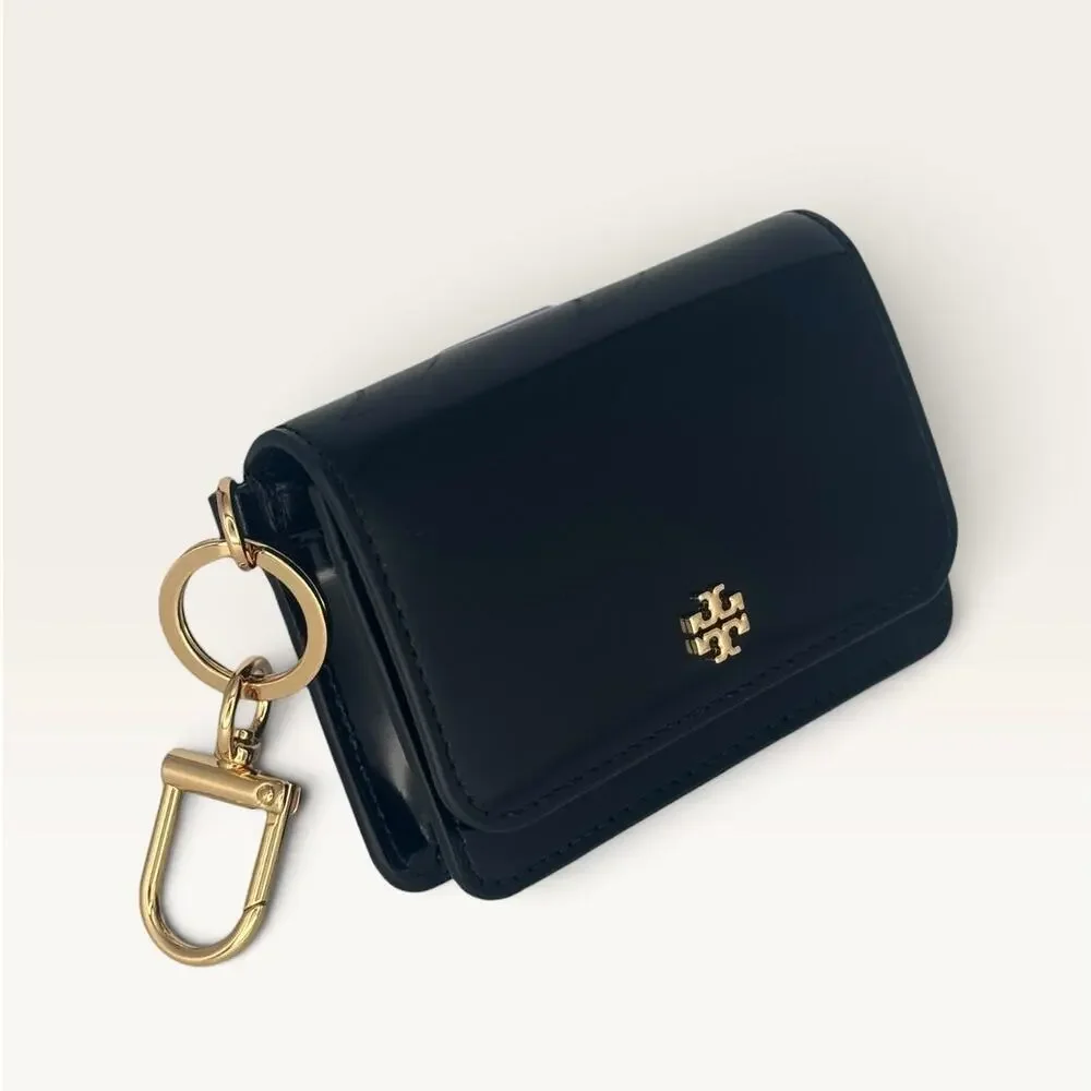 $175 Tory Burch Flap Card Case Wallet Black Patent Leather Gold Key Chain